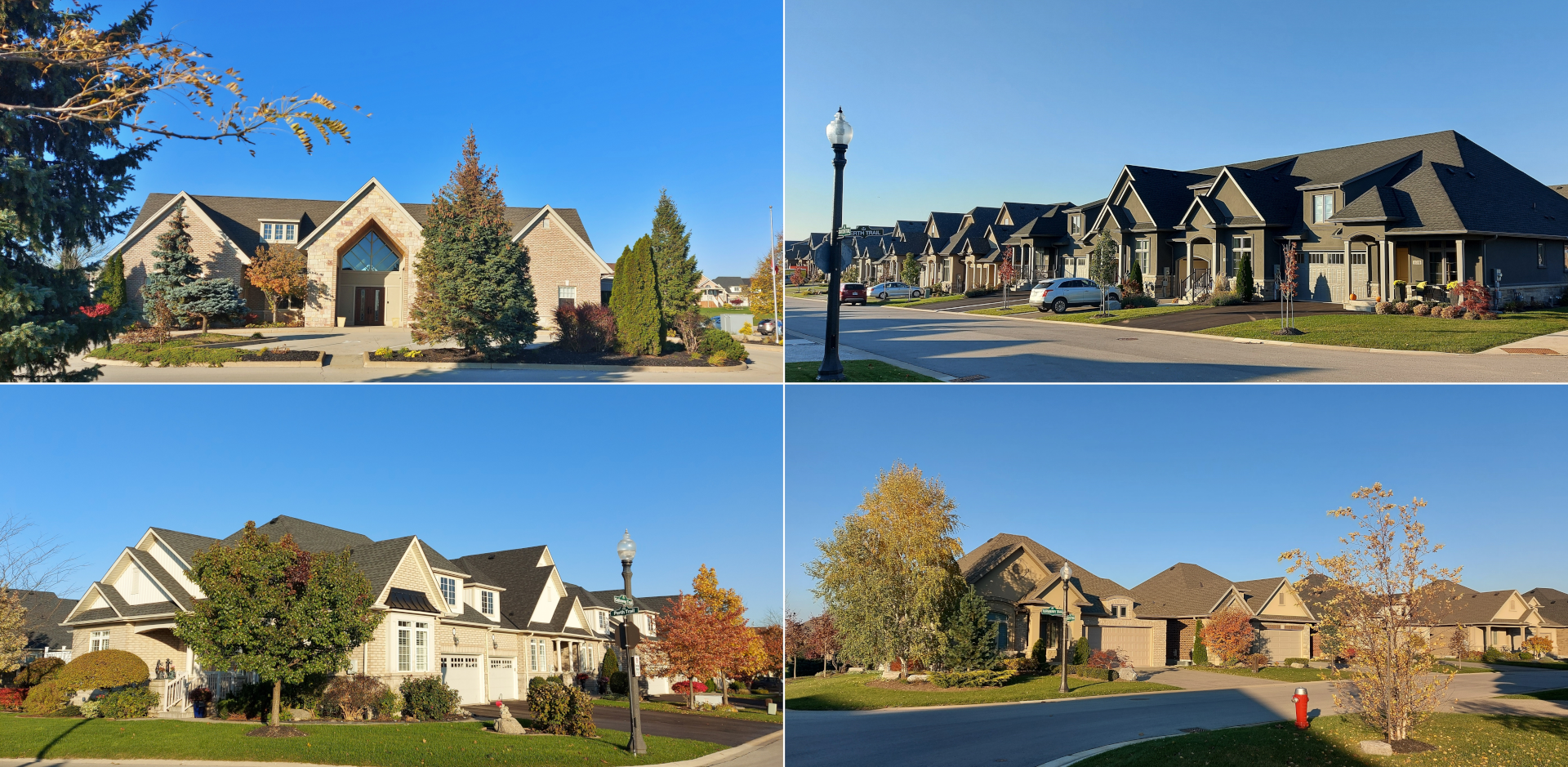 Brick estate-style home in Hunters Pointe Tree-lined street of executive homes in Hunters Pointe Detached bungalow with stone accents in Hunters Pointe Autumn street view of homes in Hunters Pointe